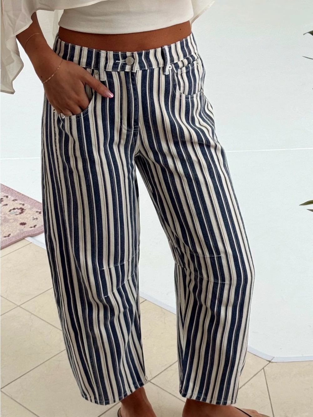 Striped Navy and Cream Cropped Women's Jeans